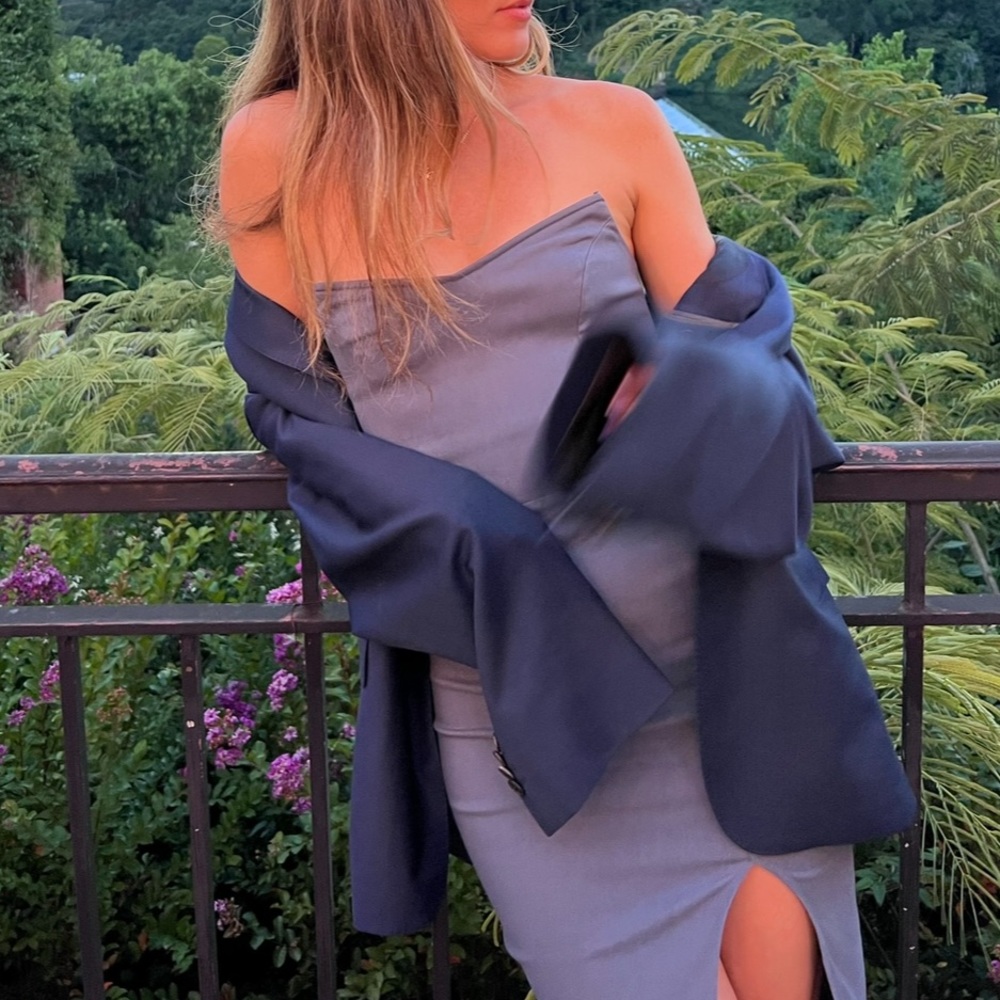 Strapless midi dress with slit